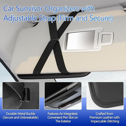 Car Sun Visor Organizer, Car Sunglasses Holder with Adjustable Elastic Strips, Sunvisor Storage with Card Sleeve, Leather Visor Accessories for Sunglasses Pen Drivers License Key