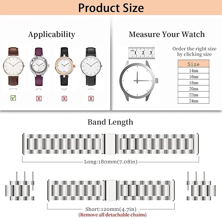 Quick Release Stainless Steel Watch Band Matte Brushed Metal Watchband 14mm 16mm 18mm 20mm 22mm 24mm Universal Solid Stainless Steel Metal Smartwatch Bracelet Replacement Band for Men Women