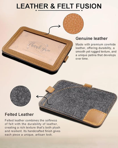 Genuine Badge Holder with Leather Lanyard, Soft Leather ID Card Holder with a Detachable Metal Clip, Clear Window, 2 Card Slots for Office & School IDs, Work Name Cards (Golden-Brown 03)
