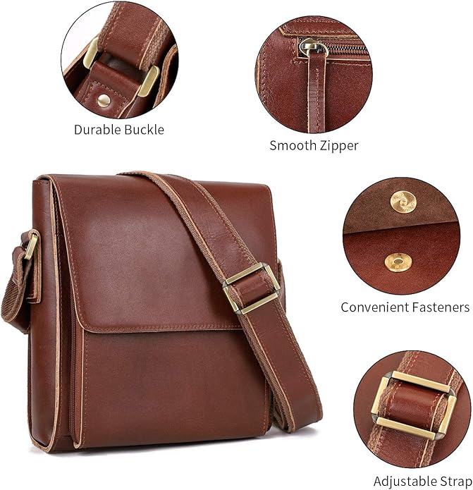 Augus Leather Messenger Crossbody Shoulder Bag for Men Work Business Casual Adjustable straps With YKK Metal Zipper