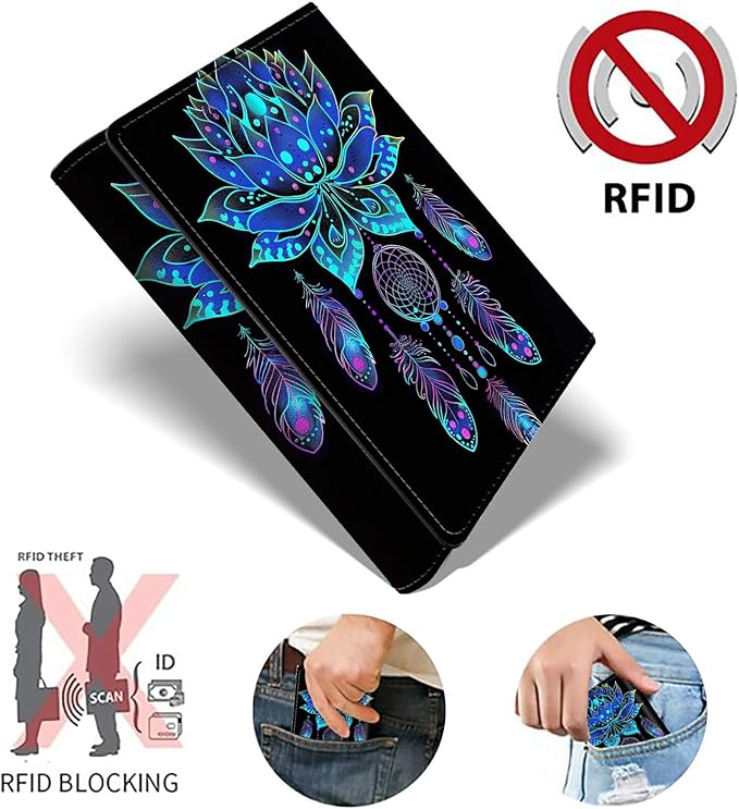 Blue Lotus Minimalist Wallet for Men, Pop Up Card Case Wallet for Women, PU Leather Automatic Credit Card Holder Metal Money Clip Wallet RFID Blocking Bifold Pocket Wallet