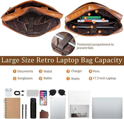Faux Leather Messenger Bag for Men 17.3 Inch: Laptop Bag Briefcase Computer Handbags Shoulder Crossbody Bag with Padded Laptop Sleeve for Work College Travel, PU Brown
