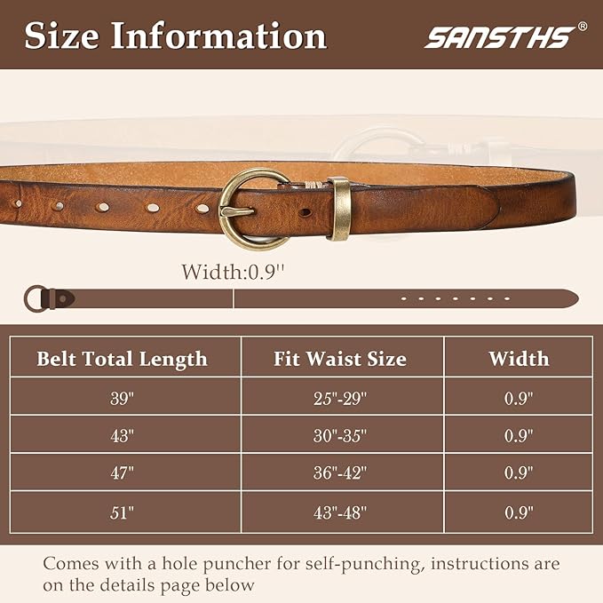 SANSTHS Womens Genuine Leather Belts for Jeans Pants Trendy Vintage Thin Leather Belt Gold Buckle Ladies Skinny Waist Belt