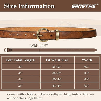 SANSTHS Womens Genuine Leather Belts for Jeans Pants Trendy Vintage Thin Leather Belt Gold Buckle Ladies Skinny Waist Belt