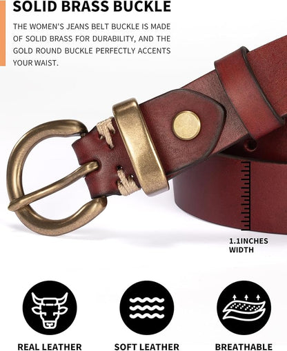 Womens Belts for Jeans Genuine Leather Belt Vintage Solid Brass Circle buckle Gift Box Packaging