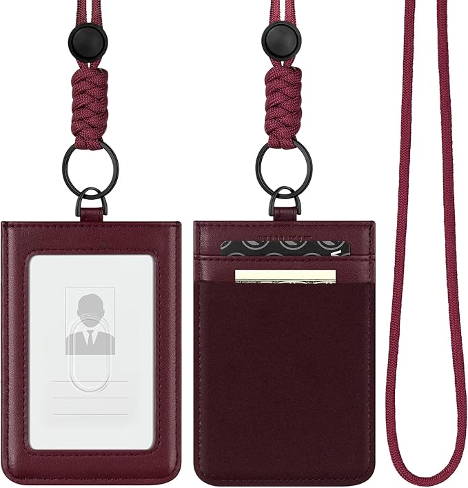 VULKIT ID Badge Holder with Lanyard for Women and Men Vertical Leather Badge Holder with Clear ID Window Card Holder Slot and Money Pocket Wine