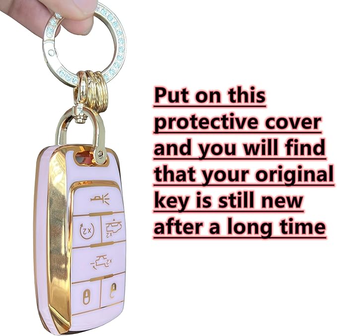Key Protective Shell for RAM Key Fob Cover with Keychain Fit for RAM 1500 2500 3500 Smart Key Case Accessories (6-Button-Pink-Gold)