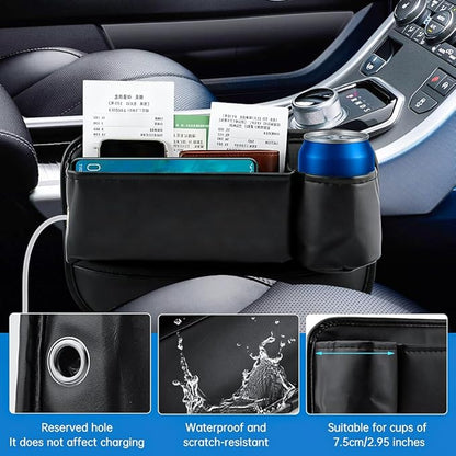 2Packs Car Seat Filler Organizer, Seat Gap Storage Box with Water Cup Holder & 4 Car-Seat Headrest Hooks, Universal fit for Most Car, for Phone, Keys, Wallet, Sunglasses and Bottles, Prevent Dropping