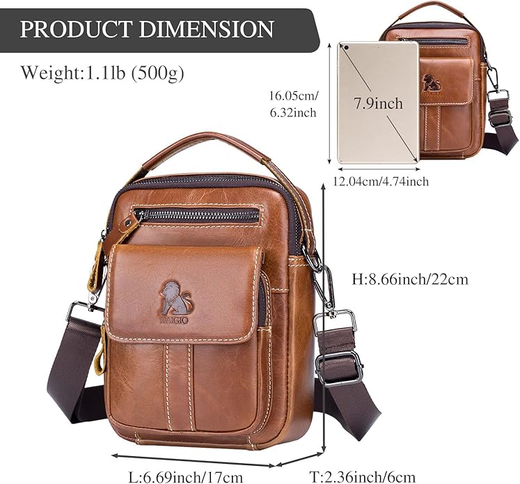 BAIGIO Genuine Leather Small Messenger Bag for Men Crossbody Shoulder Bag for Ipad MIni Handbag Man Purse for Daily Business | Genuine Leather, Small, for Ipad Mini, Man Purse, for Daily Business