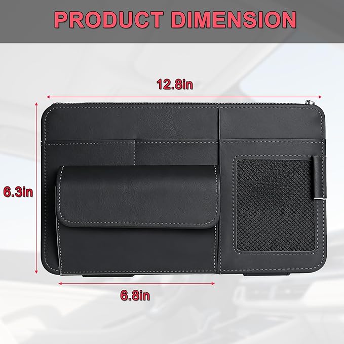 Car Visor Organizer - Sun Visor Storage with Sunglasses Holder,Visor Document Holder and Card Clip Leather Car Interior Accessory Fit for Truck SUV Vehicle