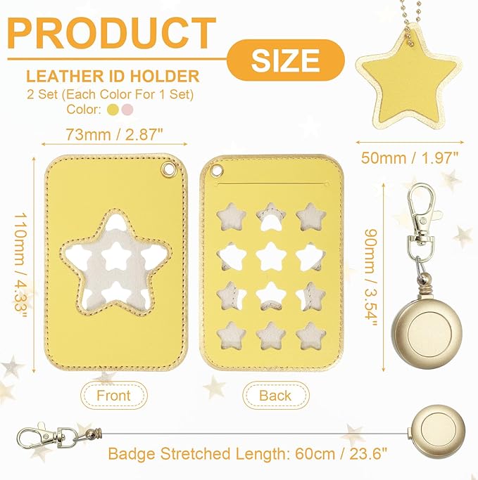 PATIKIL Retractable Badge Holders, 2 Pcs Cute Leather ID Holder with Badge Reels Keychain ID Card Clip Protector Cover for Women Work Office Business Trip, Pink/Yellow