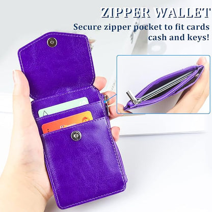 Teskyer Leather Badge Holder with Lanyard and Retractable Badge Reel, 4 Card Slots ID Card Holder with 1 Zipper Pocket for Office School Name Work IDs, Purple