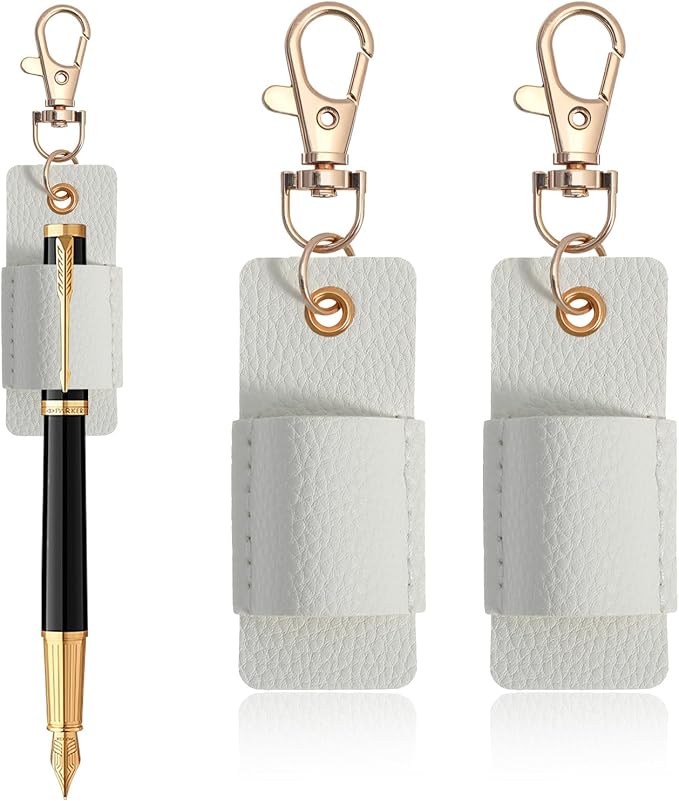2pcs Lanyard Pen Holder, Anti-Lost Leather Badge Pens Holder, Portable Pen Holder Keychain for Nurses, Courier, Clerk Office (White)
