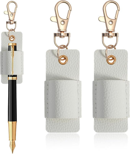 2pcs Lanyard Pen Holder, Anti-Lost Leather Badge Pens Holder, Portable Pen Holder Keychain for Nurses, Courier, Clerk Office (White)