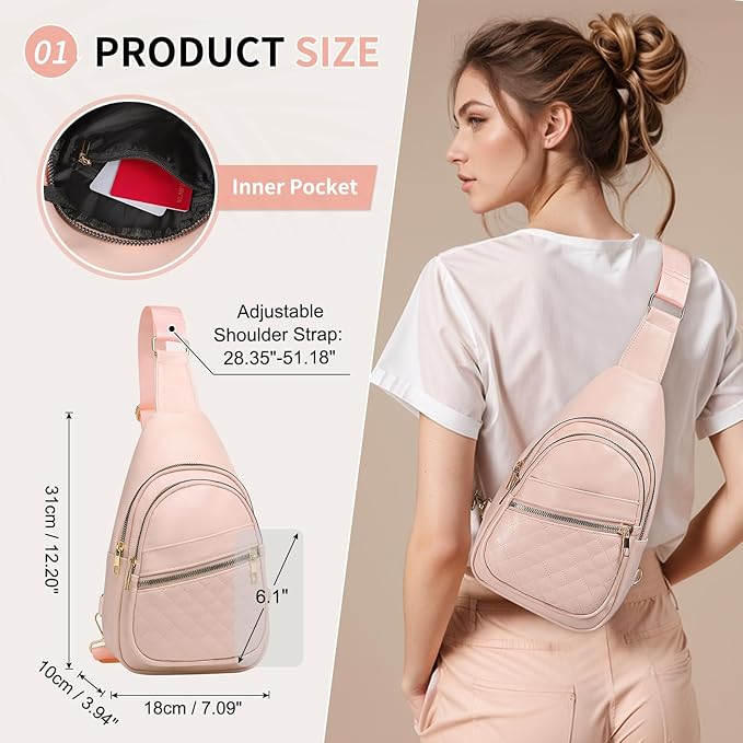 Crossbody Bags for Women Men,Leather Sling Bag Cross Body Backpack for Women, Casual Chest Bag Daypack for Travel Hiking, Pink
