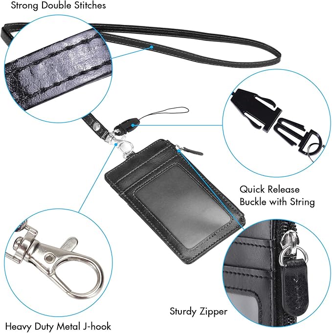 Badge Holder with Zipper, Wisdompro School Supply 2-Sided PU Leather College ID Badge Holder with 1 ID Window, 4 Card Holder Slots, 1 Side Pocket and 20 Inch Leather Neck Strap Lanyard -Vertical Black