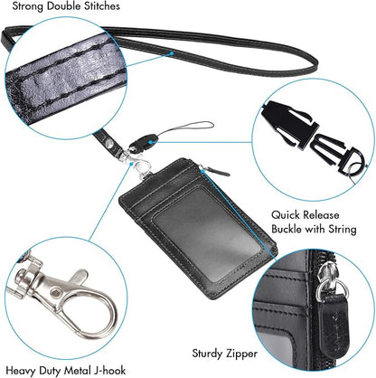 Badge Holder with Zipper, Wisdompro School Supply 2-Sided PU Leather College ID Badge Holder with 1 ID Window, 4 Card Holder Slots, 1 Side Pocket and 20 Inch Leather Neck Strap Lanyard -Vertical Black