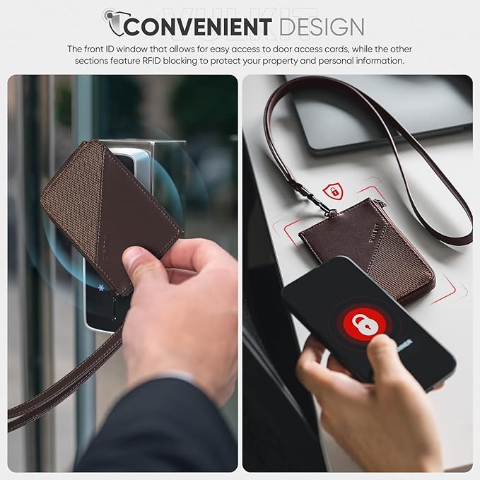VULKIT Leather Work ID Badge Holder for Lanyard with Zipper Pocket, Work Badge Lanyard for Women and Men, Suitable for Offices Staff, Teacher, Can Hold Coins, Key, Cash, Credit Card, Chocolate Brown
