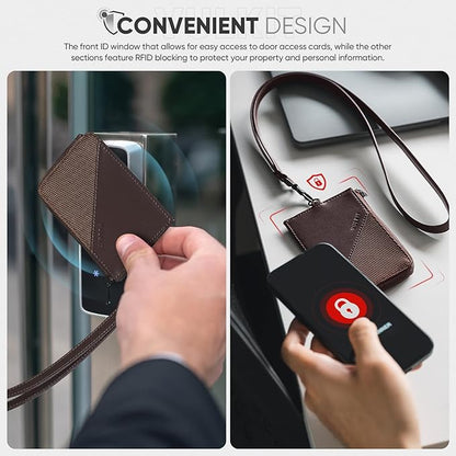 VULKIT Leather Work ID Badge Holder for Lanyard with Zipper Pocket, Work Badge Lanyard for Women and Men, Suitable for Offices Staff, Teacher, Can Hold Coins, Key, Cash, Credit Card, Chocolate Brown