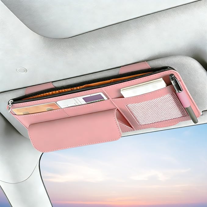 Car Visor Organizer - Sun Visor Storage with Sunglasses Holder,Visor Document Holder and Card Clip Leather Car Interior Accessory Fit for Truck SUV Vehicle