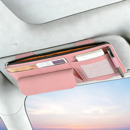 Car Visor Organizer - Sun Visor Storage with Sunglasses Holder,Visor Document Holder and Card Clip Leather Car Interior Accessory Fit for Truck SUV Vehicle