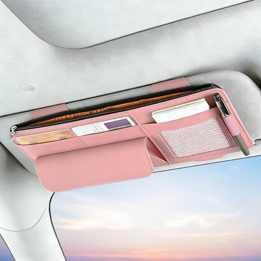 Car Visor Organizer - Sun Visor Storage with Sunglasses Holder,Visor Document Holder and Card Clip Leather Car Interior Accessory Fit for Truck SUV Vehicle