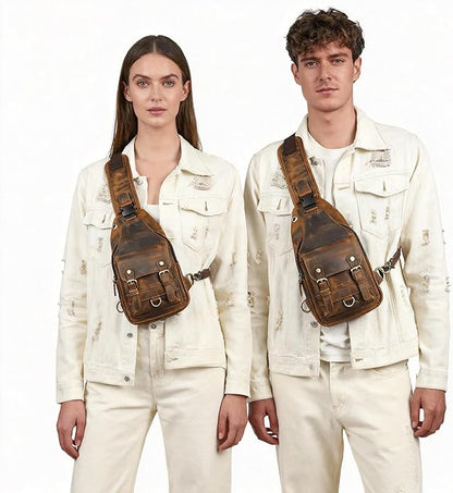 Thick Crazy horse Leather Triangle Crossbody Sling Chest Bag Travel One Shoulder Bag Daypack For Men Male 3028