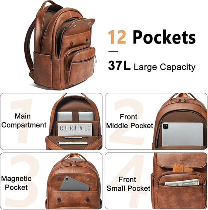 Leresas 37L Vegan Leather Backpack Purse for Women Mens Travel Backpack Work Laptop Teacher BackPack College Daypack Business Backpack Office Bag Brown