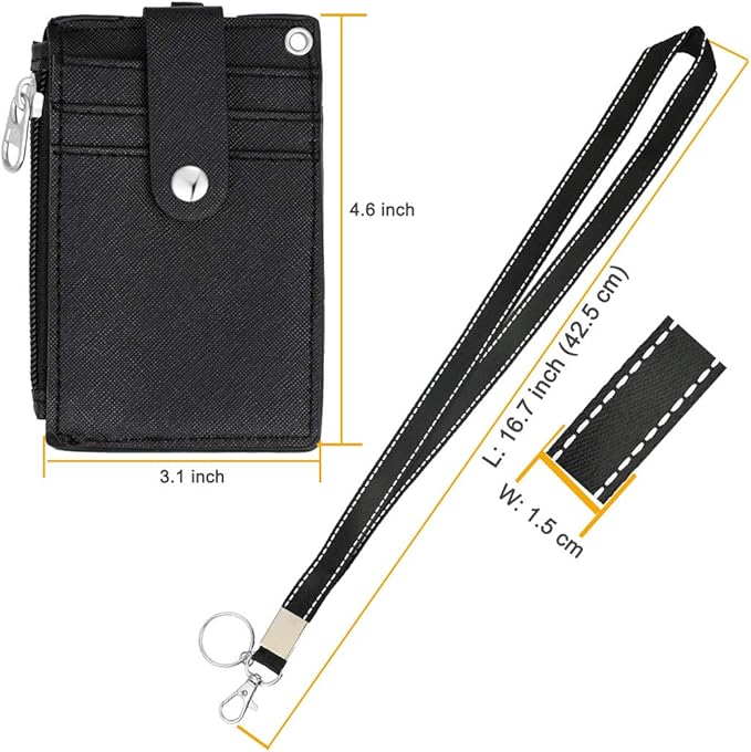 HASFINE ID Badge Holder with Lanyard,2 Sided 5 Card Slots ID Card Holder Wallet with PU Leather Zipper Pocket and Detachable Keychain Lanyard for Teens Men Women(Black)