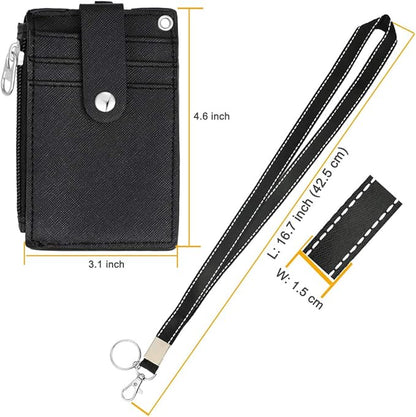 HASFINE ID Badge Holder with Lanyard,2 Sided 5 Card Slots ID Card Holder Wallet with PU Leather Zipper Pocket and Detachable Keychain Lanyard for Teens Men Women(Black)