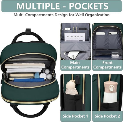 Laptop Backpack for Women Work Bag - 15.6 inch Travel Backpack with USB Charger College Bookbag Waterproof Business Computer Backpack Anti-theft Casual Backpacks for Nurse Teacher Black Green