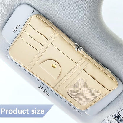 Car Sun Visor Organizer, Multi-Pocket Leather Vehicle Visor Storage Pouch & Sunglasses Holder, Auto Interior Document Card Holder with Double Zipper, Universal for Truck SUV Sedan (Beige)