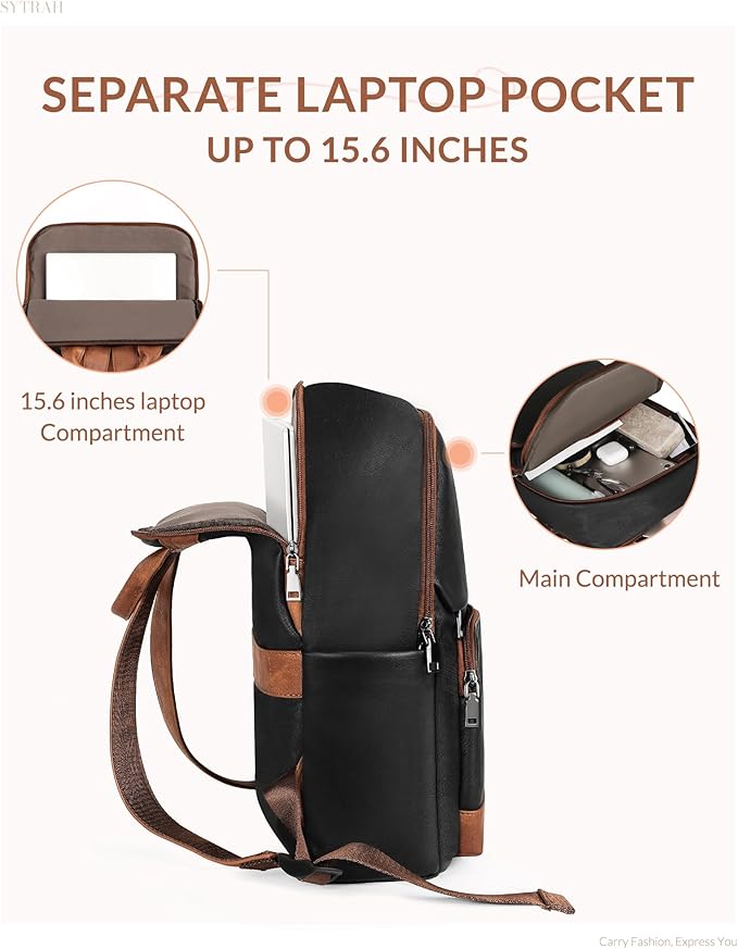 SYTRAH Leather Backpack for Women, Vintage 15.6 inch Laptop Backpack Purse for Women, College Casual Backpacks Ladies Computer Bags for Travel Business Work Black Brown