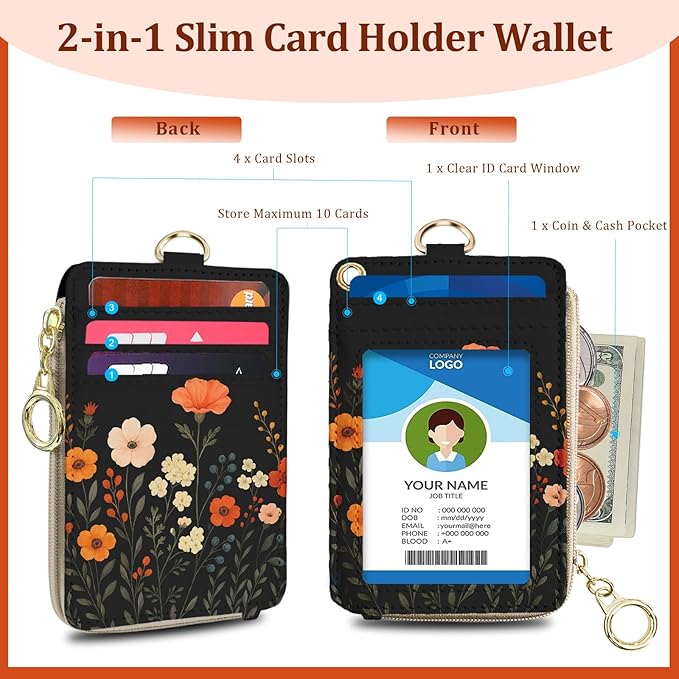 Floral Lanyard Wallet with ID Holder, PU ID Badge Holder with Lanyard, Zipper ID Case Card Holder for Women,RFID Adjustable Neck Lanyard Wrist Strap with Keychain for Teacher Work Office Gift