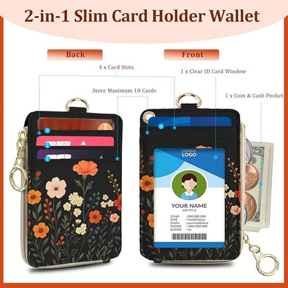 Floral Lanyard Wallet with ID Holder, PU ID Badge Holder with Lanyard, Zipper ID Case Card Holder for Women,RFID Adjustable Neck Lanyard Wrist Strap with Keychain for Teacher Work Office Gift