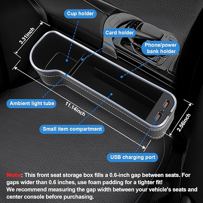 2 Pack Car Seat Gap Plug Storage Slot with USB Charger Upgrade LED Car Seat Gap Filler Organizer Box with Cup Holder Card Slot Larger Storage Space Reducing Item Loss