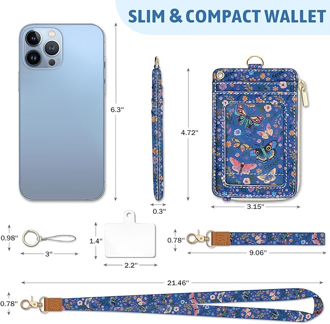 Flowers Butterfly Lanyard Wallet with ID Badge Holder, Small RFID Wallet Women Keychain Wristlet, Slim Credit Card Holder Case with Zipper Pocket Phone Lanyard Wrist Strap Name Tag Office Teacher Gift