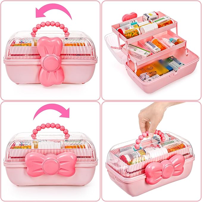 Noamus 11" Three-Layer Multipurpose Storage Box, Clear Plastic Art Craft Organizer, Portable First Aids Case with Handle Trays for Kids, Sewing Makeup Nail Hair Accessories, Home School Office(Pink)