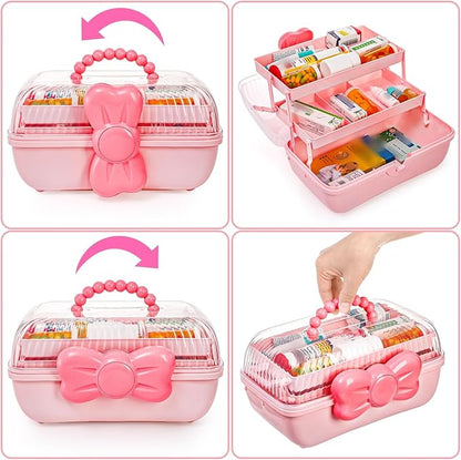 Noamus 11" Three-Layer Multipurpose Storage Box, Clear Plastic Art Craft Organizer, Portable First Aids Case with Handle Trays for Kids, Sewing Makeup Nail Hair Accessories, Home School Office(Pink)