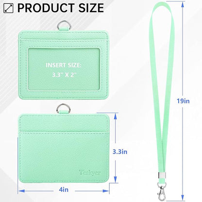 Teskyer Badge Holder with Lanyard, Leather ID Name Badge Card Holder with Lanyard for ID Badges, Horizontal, Lychee Pattern Light Green
