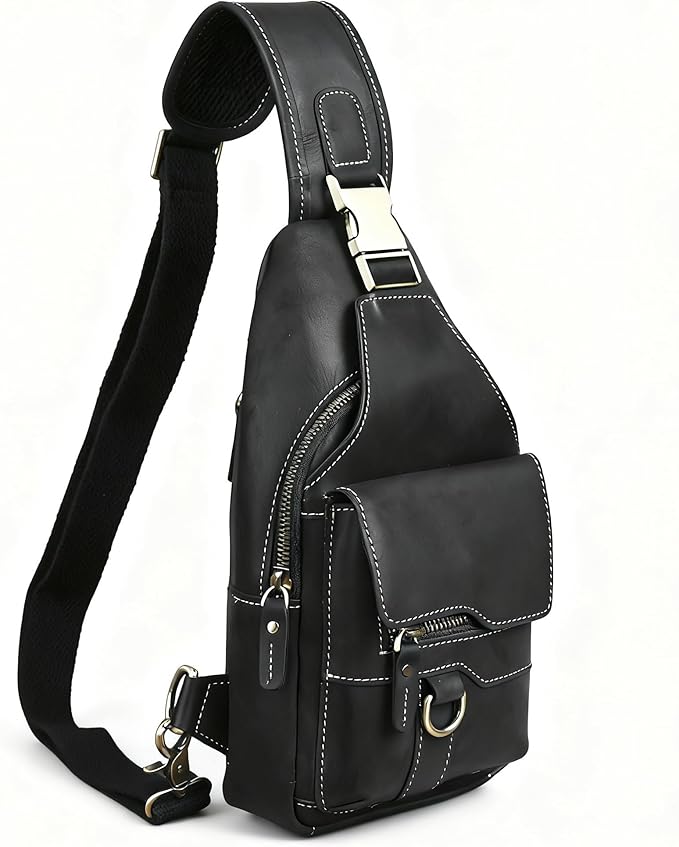 Genuine Leather Hiking Travel DayPack Sling Crossbody Triangle Chest Pack Bag For Men Women 8241 (8241 Dark Black)