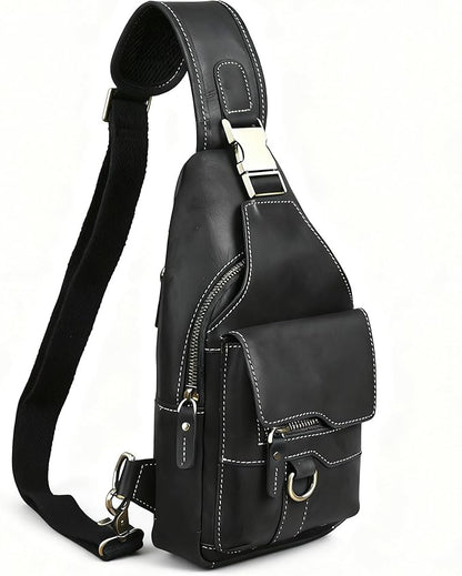 Genuine Leather Hiking Travel DayPack Sling Crossbody Triangle Chest Pack Bag For Men Women 8241 (8241 Dark Black)
