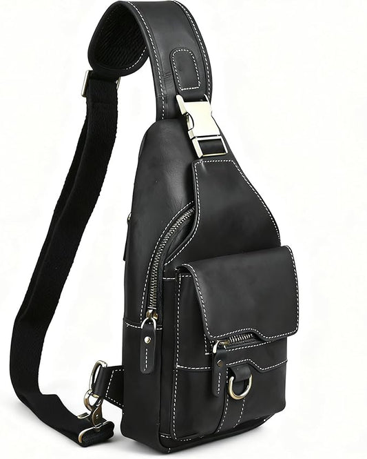 Genuine Leather Hiking Travel DayPack Sling Crossbody Triangle Chest Pack Bag For Men Women 8241 (8241 Dark Black)