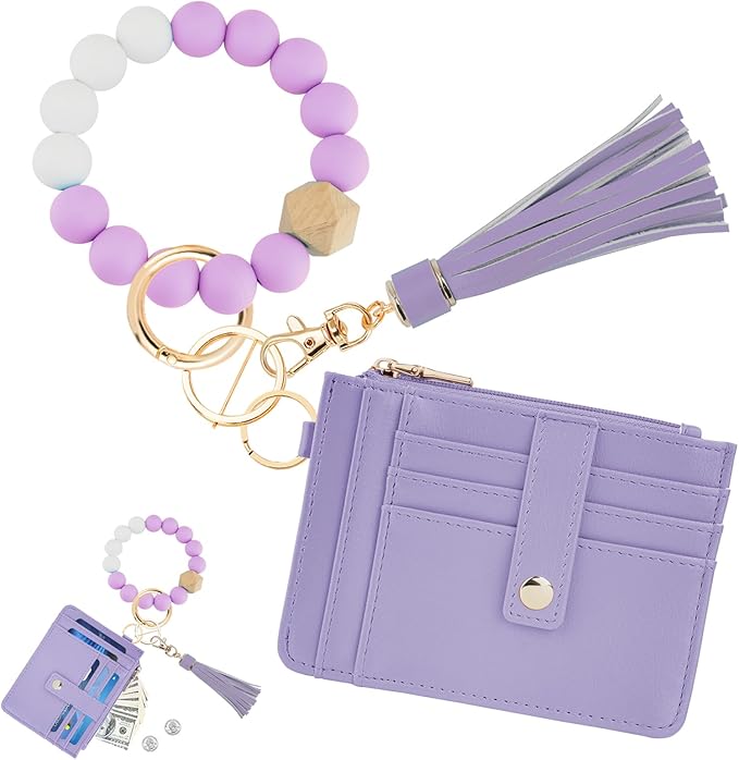 KNGITRYI Wallet Keychain Wristlet for Women,Slim RFID Credit Card Holder Purse Tassel Keychain Bangle Key Ring for Men Women