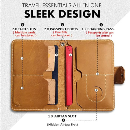 Hidden AirTag Slot Passport Holder, Genuine Leather RFID Blocking Travel Case, Fits 2 Passport Books, Unisex for Men Women and Family