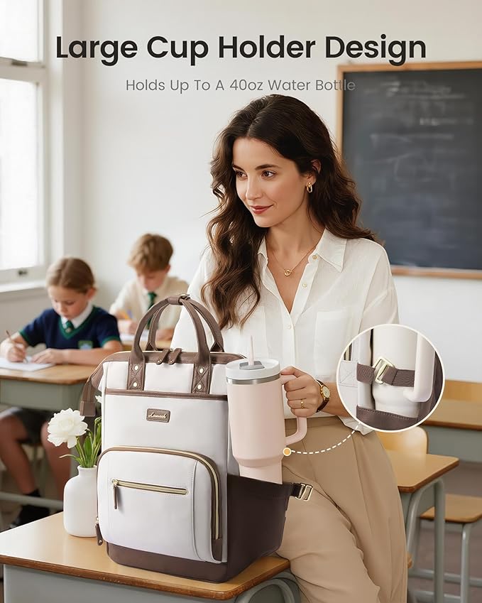 LOVEVOOK Laptop Backpack for Women with Giant Tumbler Holder,15.6 inch Professional Nurse Teacher Backpack Computer Laptop Bag,Cute Waterproof Travel Backpack Purse Work College Bag, Beige-Khaki