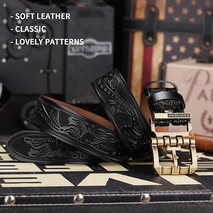 BISON DENIM Men's Genuine Leather Casual Belt, Classic Western Cowboy Dress Belts