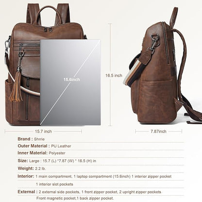 Shrrie Laptop Backpack for Women 15.6 inch,Travel Leather Backpack Purse Nurse Teacher Carry on Backpack Computer Bag,Professional Water-Resistant College Business Work Casual Daypack,Brown