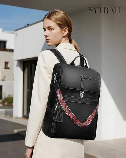 SYTRAH Leather Laptop Backpack for Women Designer Laptop Bag, 16.5 inch Travel Computer Backpacks Purse with Tassel for Work Business with Satchel Purse Black