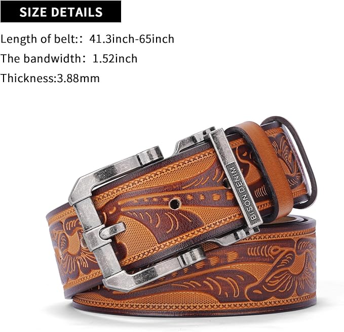 BISON DENIM Men's Genuine Leather Casual Belt, Classic Western Cowboy Dress Belts
